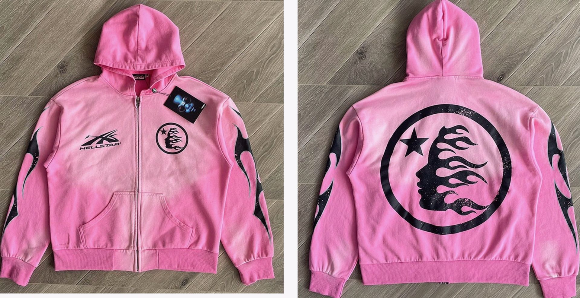 Hellstar Pink Chrome Zip Up Hearts Hoodie Logo Denim Jeans Tears Hooded Jacket Sweater Small S Medium M Large L XL