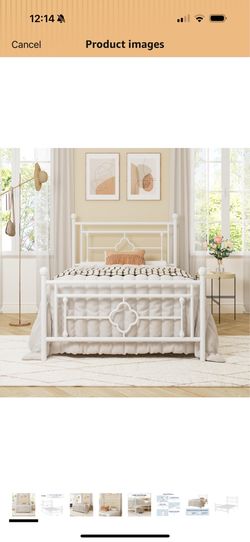White Metal Twin Bed Frame with Decorative Headboard