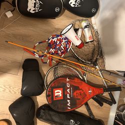 Sports stuff and axe throwing stuff (tennis, fishing, boxing, yoga)