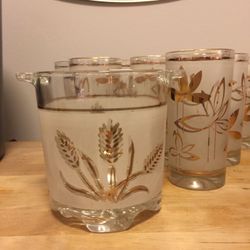 Vintage set of glass tumblers with small ice bucket