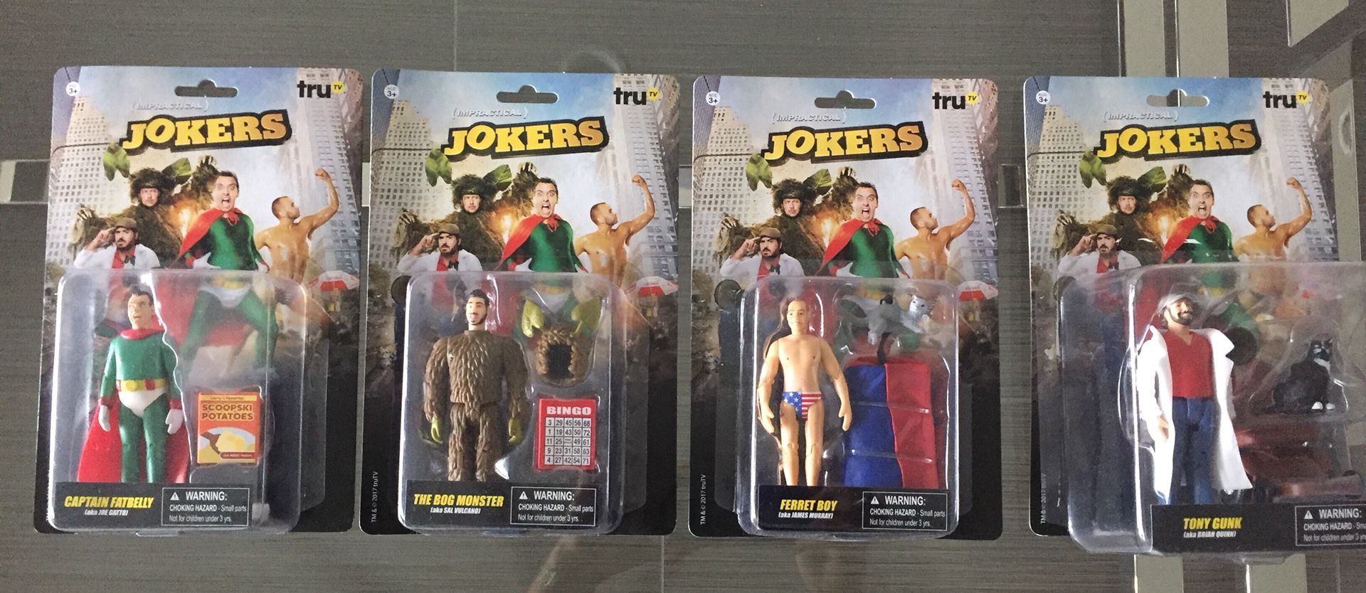 4 IMPRACTICAL JOKERS Action Figures THE BOG MONSTER, CAPTAIN FATBELLY, FERRET BOY, TONY GUNK
