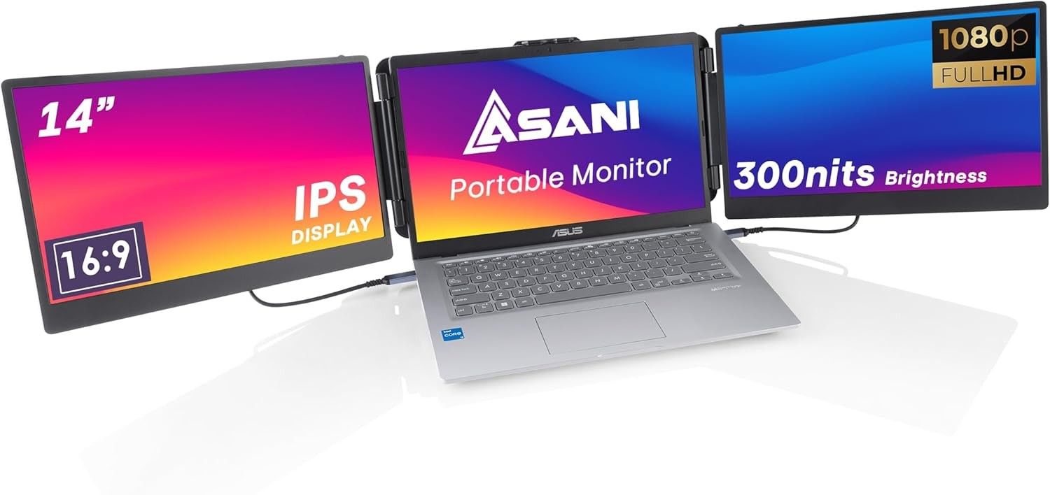 Asani 14" Portable Monitor - Full HD Tri-Screen Extender for Laptops, USB Type-C plus HDMI, Plug and Play, Compatible with 13"-17" Laptops, 1080P IPS