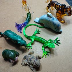 Glass, and stone animals, and Glass Mermaid 