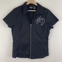 HARLEY DAVIDSON Y2K Womens Black Zip Up Rhinestone Biker Short Sleeve Blazer Top