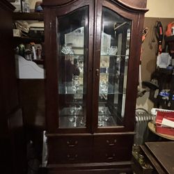 Antique Mahogany Carved Curio Display Cabinet With Glass Doors, Bevel Glass