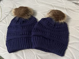 2-Pack Blue Pompom Beanie Hats, Soft & Warm Winter Knit