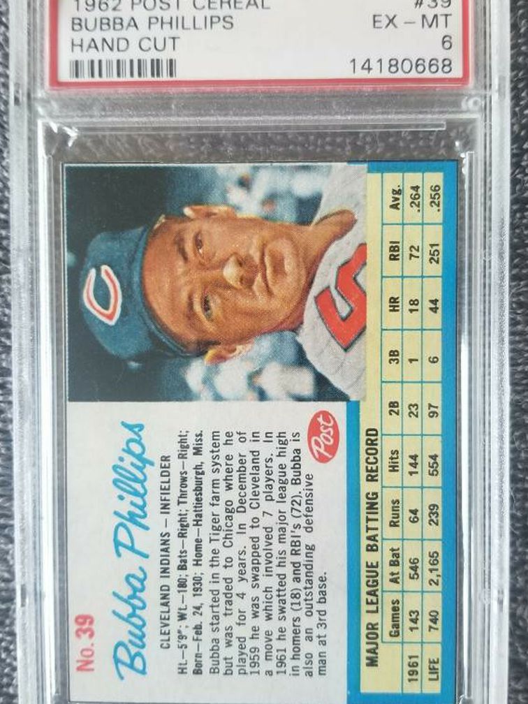 BUBBA PHILLIPS 1962 Post Cereal #39 PSA Graded Card EX-MT 6 MLB Indians