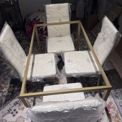 5-Piece Dining Table Set w/ Glass Top, Leather Chairs