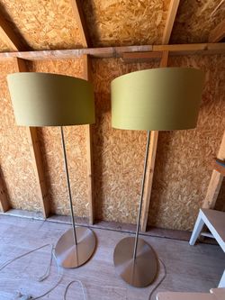 CB2 Floor Lamp Green Fabric Shade Foot Switch Brushed Nickel Base