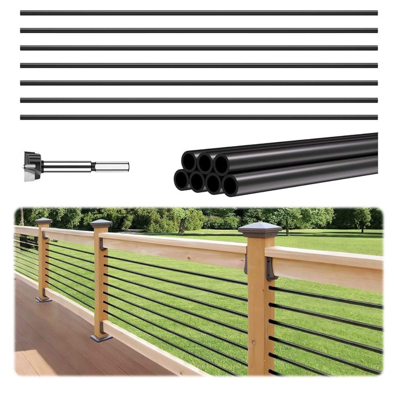 7 Pack 10 FT x 5/8 inch Aluminum Stair Balusters Round Horizontal Bar Baluster Matte Black Hollow Stair Spindles for Indoor Outdoor Deck Railing