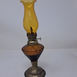 Vintage Amber Glass & Hurricane Kerosene Oil Lamp Antique 