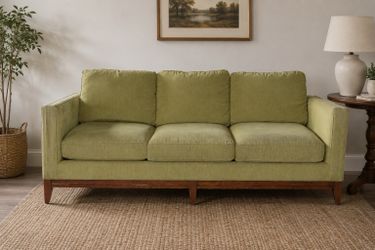 Modern 3-Seater Sofa – Green Fabric Couch with Wood Base