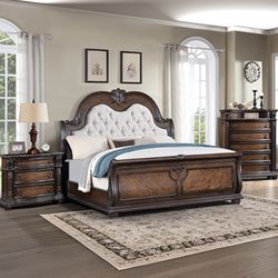 4pc Bedroom Set - Queen Bed +Dresser + Mirror + 1 Nightstand