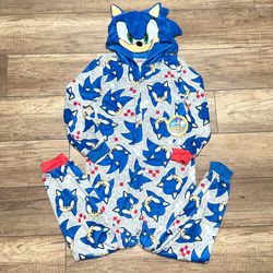 Sonic The Hedgehog Print SEGA Union Suit One Piece Zip Sleeper Pajamas Youth M