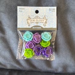 New Sew•ology 8 Piece Blue Green Purple Flower Buttons