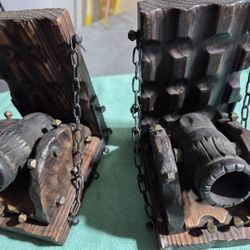 VINTAGE HANDCARVED WOODEN 6X7 " CANNONS BOOKENDS