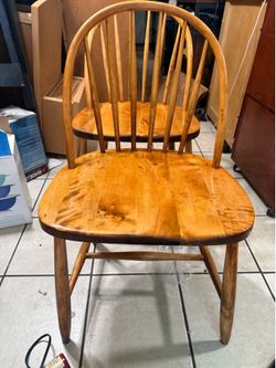 Pair Mid-Century Modern Windsor Hoop Back Dining Chairs - Solid Wood