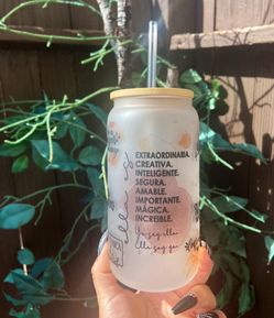 Spanish & English affirmations 16oz glass can, afirmaciones para mujer en vaso de 16oz, 16oz glass can with ba
