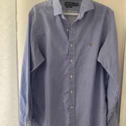Polo Ralph Lauren blue white stripe button down. Men Size 16.5   34/35 Slim Fit