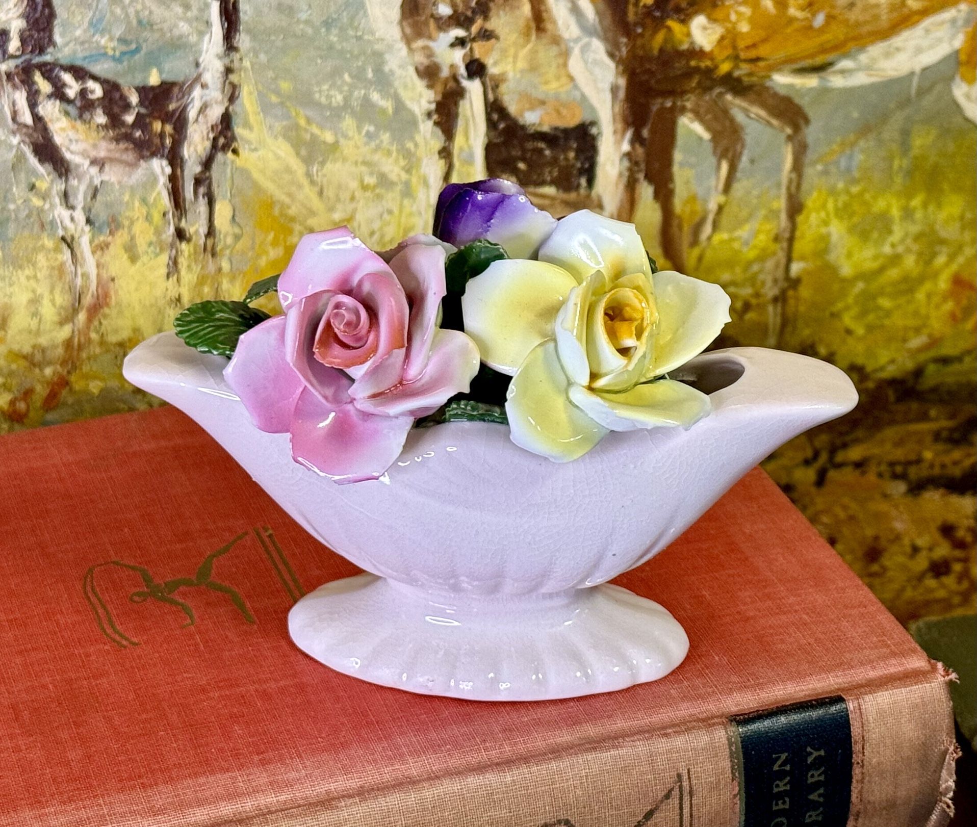Thorley English Bone China Three Flower Bouquet Staffordshire Pink Yellow Green
