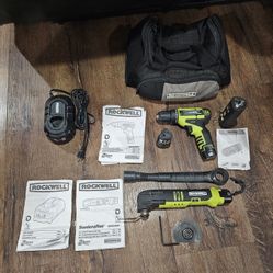 Rockwell 12v Tool Kit Drill, Sonicrafter Oscillating Tool,Flashlight 