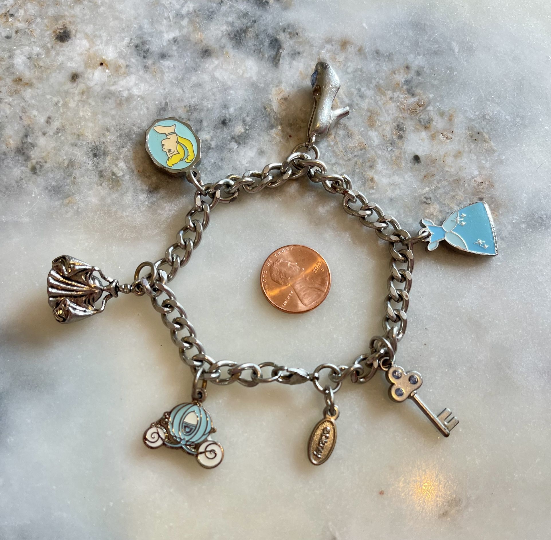 Disney Princess Cinderella Charm Bracelet glass slipper pumpkin carriage silver