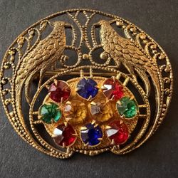 intage Peacock Love Birds Gold Tone Filigree With Rhinestones Brooch Pin