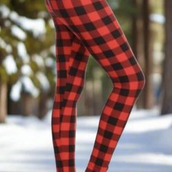 NEW Womens Red Plaid Leggings Soft As Lularoe OS/TC/TC2 