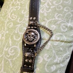 Black Skull Chain Leather Wrist Watch