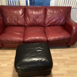 3 Piece Red Leather Couch With Black Ottoman 