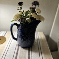 Bluish, Purple  Porcelain Vase, W Artificial Flowers