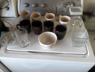 Coffee cups, and glass ware.