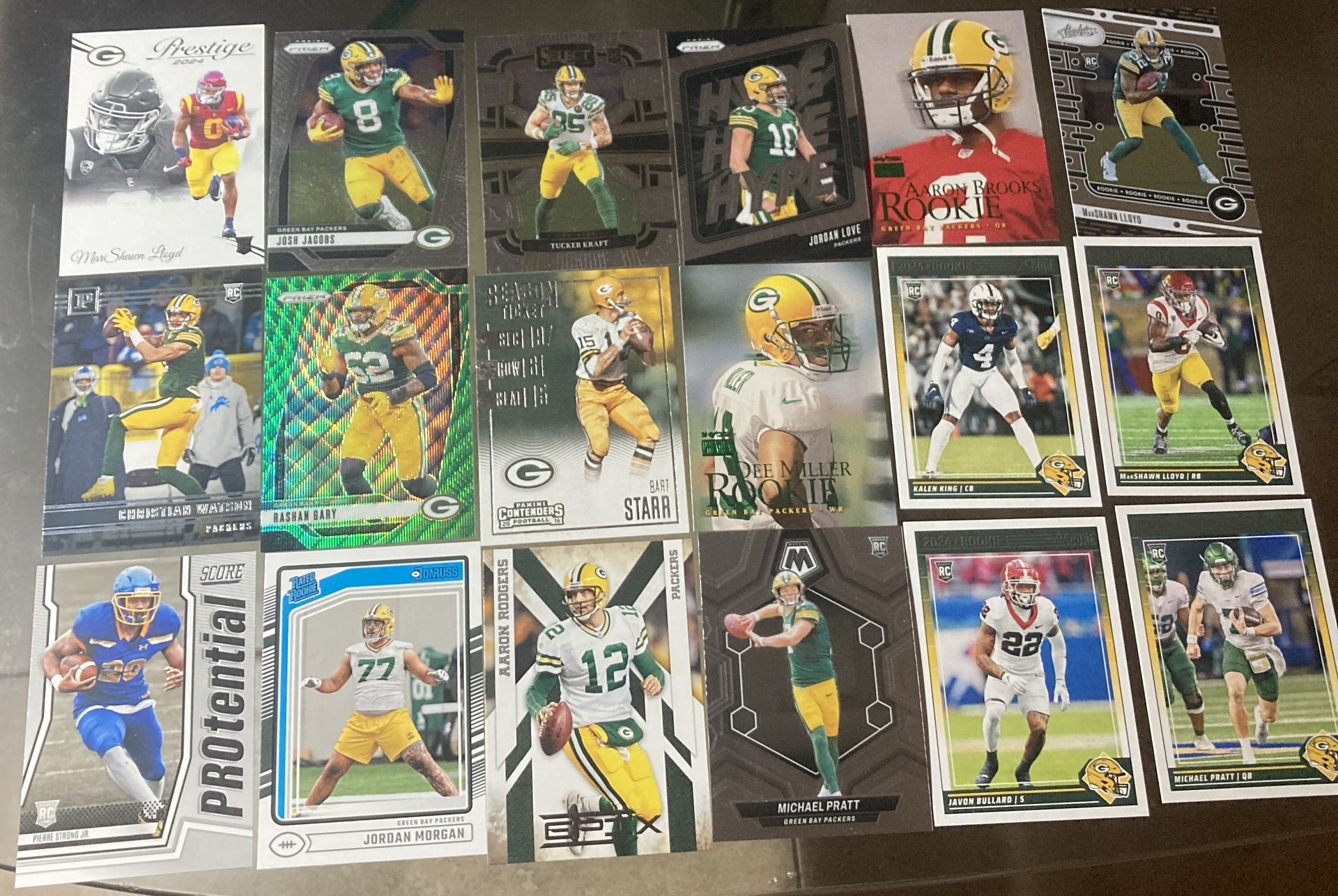 18 Card lot Green Bay Packers lot Tucker Kraft Rc Christian Watson Rc Aaron Rodgers Josh Jacobs Jordan Love etc . Green Prizm 2024 Prestige 2024 Score