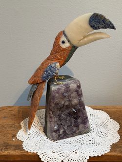 Gemstone Toucan Sculpture on an Amethyst