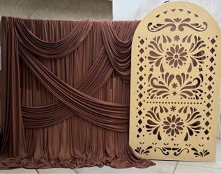 Draped Fabric Backdrop with Laser Cut Wood Panel