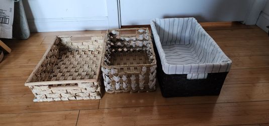 3 of Hyacinth Wicker Basket Wooden Handles, Shelf Organizer Large basket, Wicker, Natural Bins with Cloth Ining(16x9x6.2", 12x8.2x5.5", 14.2x10.2x4")