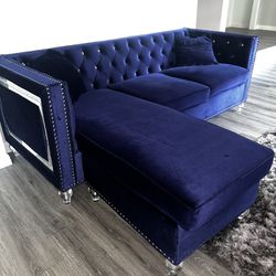Royal Blue Velour Tuft Diamond Couch Sectional
