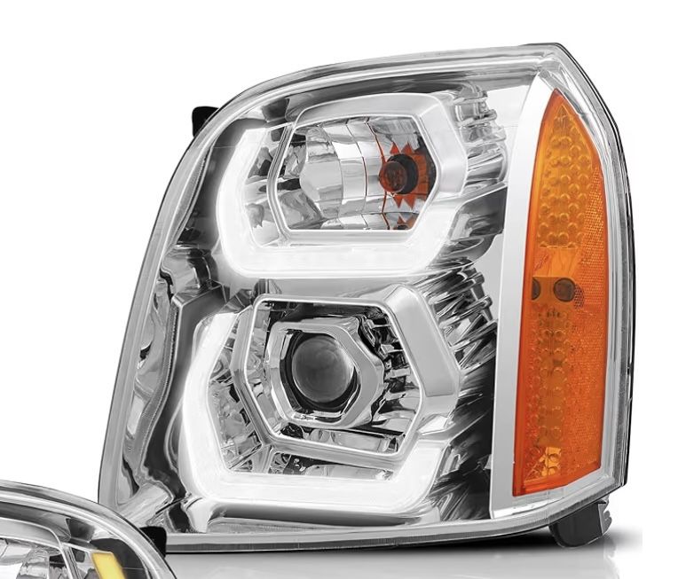 (DRL) Brighter LED DRL Projector Headlight Assembly for 2007-2014 GMC Yukon/Yukon XL 1500/2500, Chrome Housing with Amber Reflector​