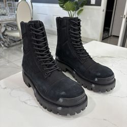 Balenciaga Black Combat Boots Lace-Up Zipper Mid-Calf Rubber Sole Size 44EU