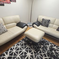 Modern Italian Leather Loveseat Sofa (Cream/White & Black)