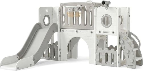 9 in 1 Toddler Slide, Kids Climber Playset with Basketball Hoop & Ball Set