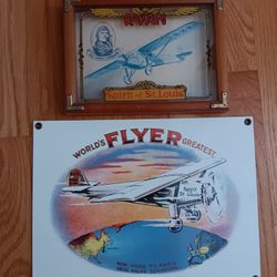 Vintage Advertising.  One Porcelain Sign and one  Advertising glass picture. Charles Linbergh Spirit of St. Louis Flight. 