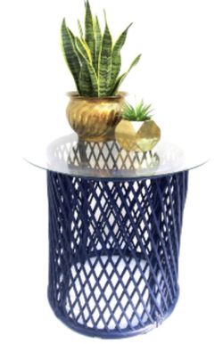 Vintage Navy Blue Woven Rattan Table/Plant Stand/ Mid Century Round Boho Accent Table