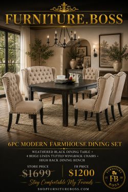 Dining Room Furniture | Black Dining Table + Beige Tufted Dining Chairs + Bench $1200
