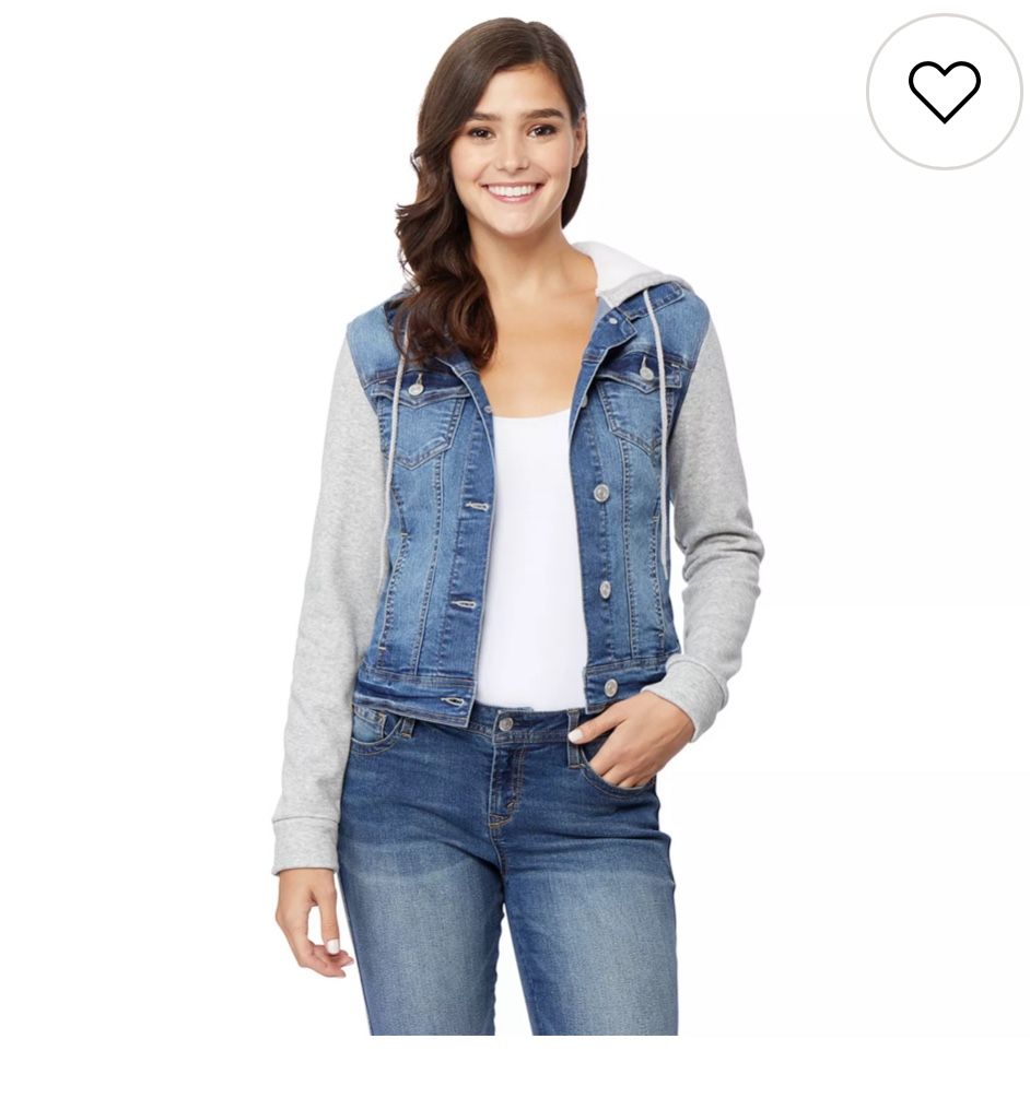 Juniors' Wallflower Dreamer Knit-Sleeve Hooded Jean Jacket size small