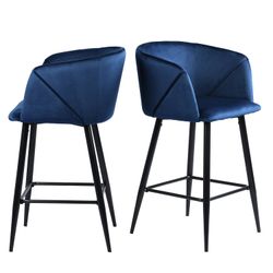 Open Box Homy Casa ALDRIDGE COUNTER 26" Blue Velvet Swivel Barstool for Kitchen Island or Bar