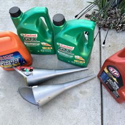 Motor oil and Coolant and Funnels