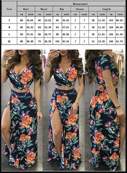 XL / V Neck Floral Printed Side Slit Two-Piece Maxi Dress