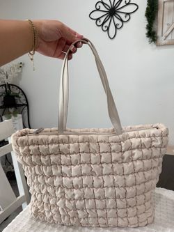 Quilted Cream Puffy Tote Bag