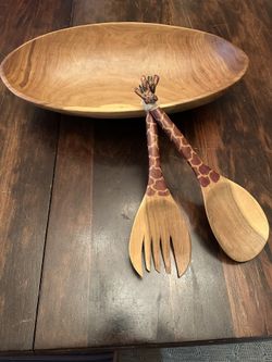 Hand Crafted Giraffe Wood Salad Set Crafted In Kenya.